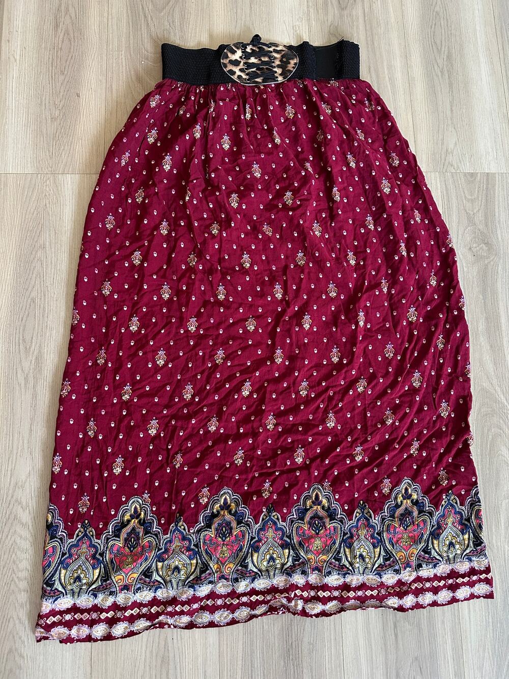 Boho Maroon Floral Maxi Skirt – Paisley Border Cotton L/XL Elastic Waist